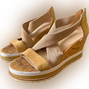 Women’s Beige Cork Wedge Sandals with Elastic Cross Straps